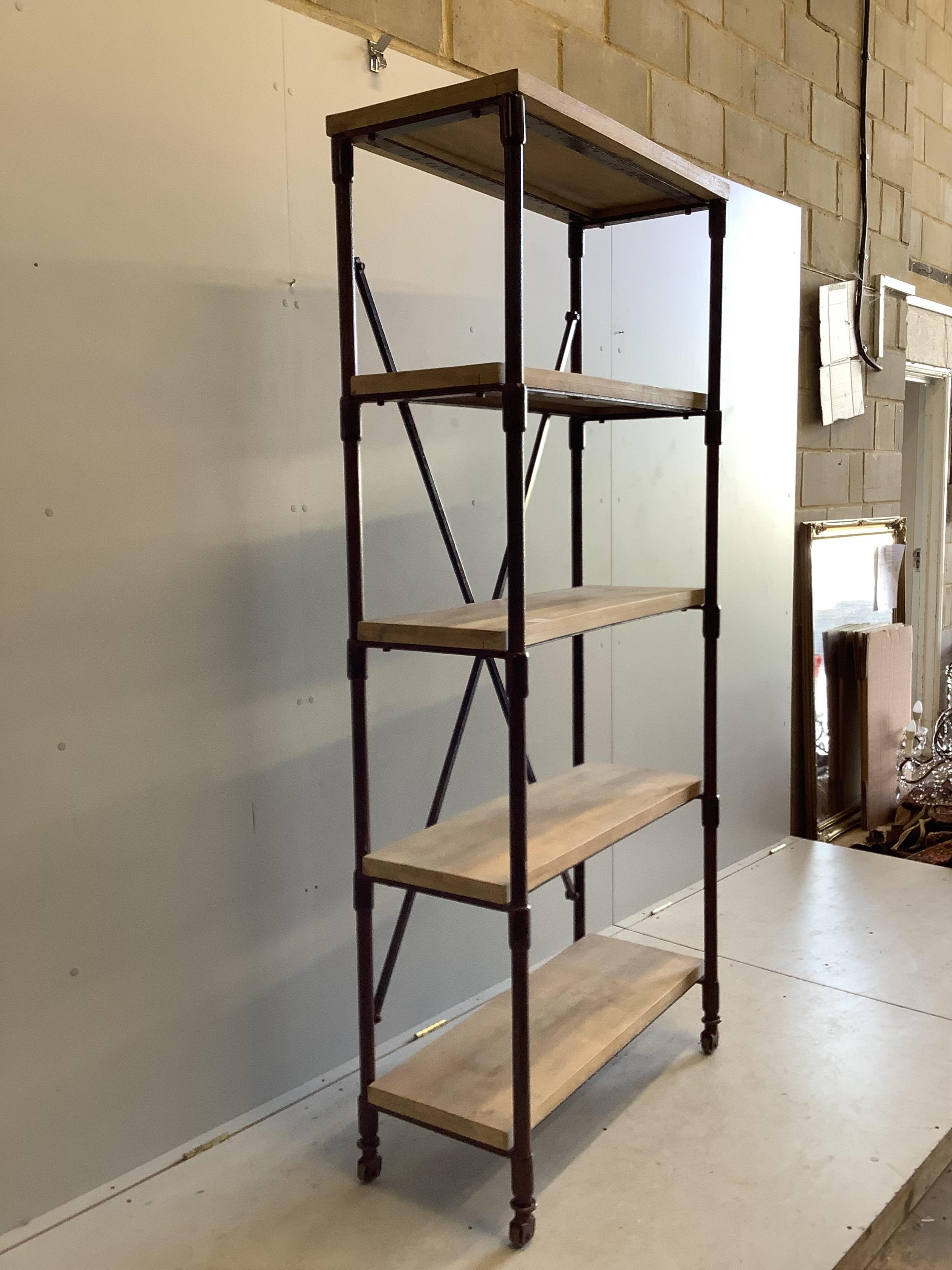 An industrial style open shelf unit, width 90cm, depth 39cm, height 202cm. Condition - fair